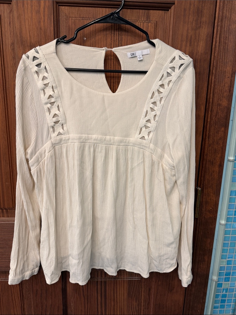 DR2 Cream Long-Sleeve Crochet Yoke Blouse